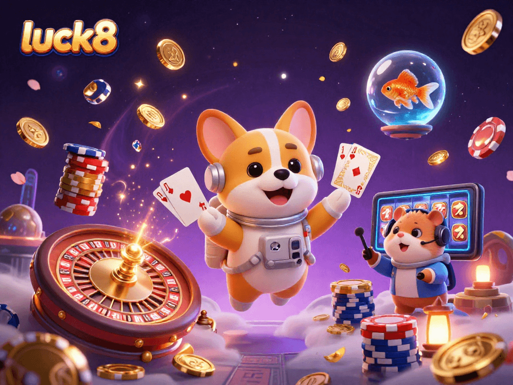 Enjoy a thrilling luck8 casino experience with a floating corgi amidst animation and adventure.