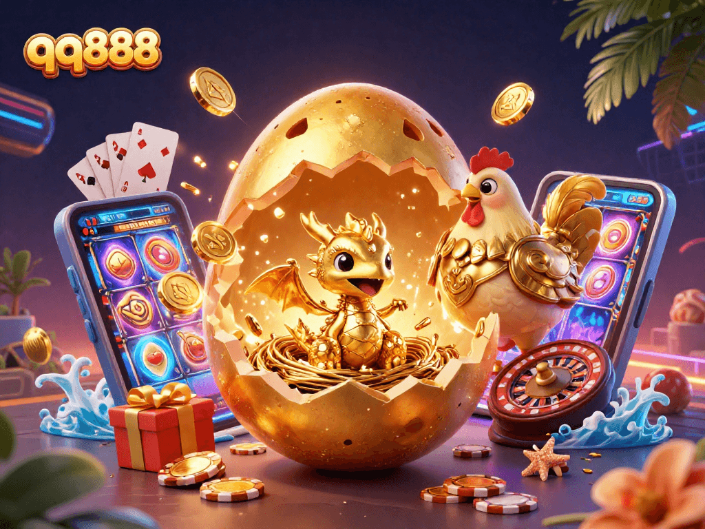 Experience the thrill with qq888 as a golden baby dragon reveals riches amid gambling excitement.