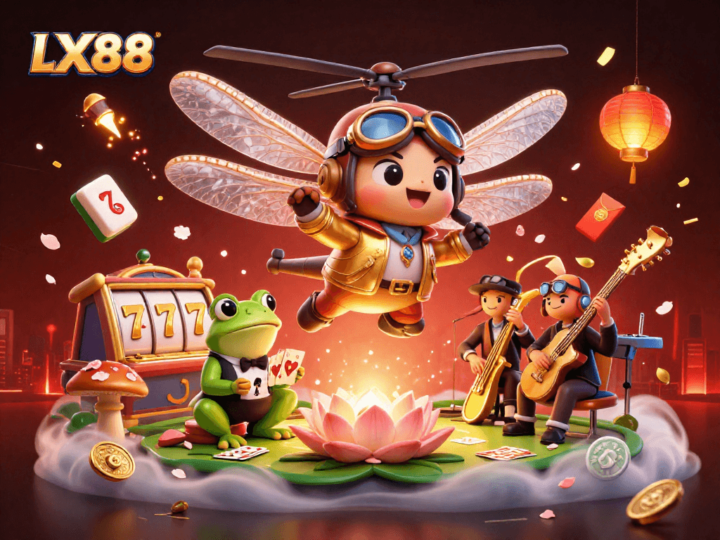 Experience the thrill of LX88 with vibrant 3D casino elements and joyful characters in a dynamic gaming scene.