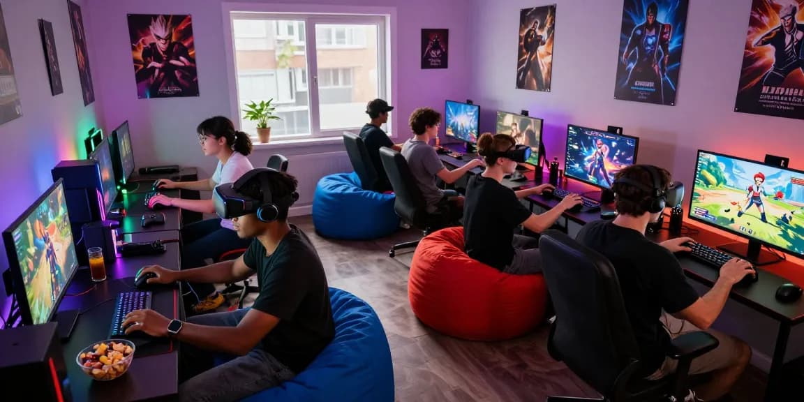 Engaged gamers playing exciting game porn in a vibrant gaming room with colorful lighting.