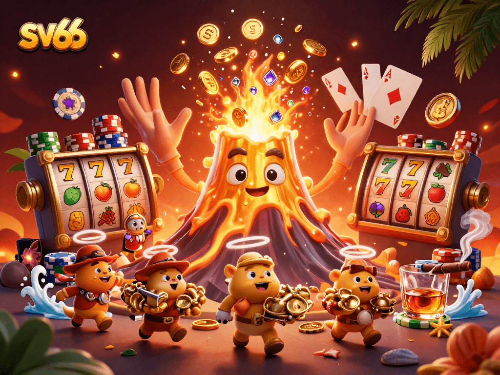Experience the thrill of sv66 with a golden volcano erupting treasures, poker chips, and exciting casino games.