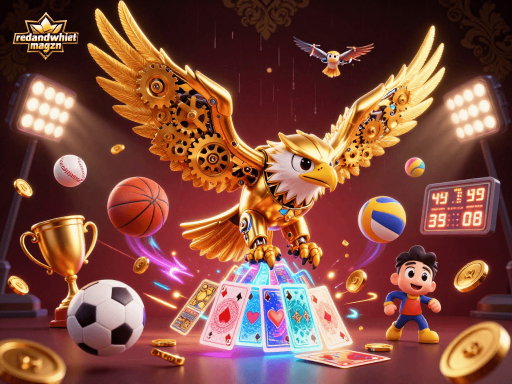 Experience thrilling casino moments with redandwhitemagzn featuring a cybernetic eagle amidst dynamic sports betting elements.