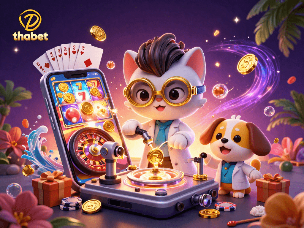 Experience thrilling wins with thabet's animated casino scene featuring slot games and vibrant characters.