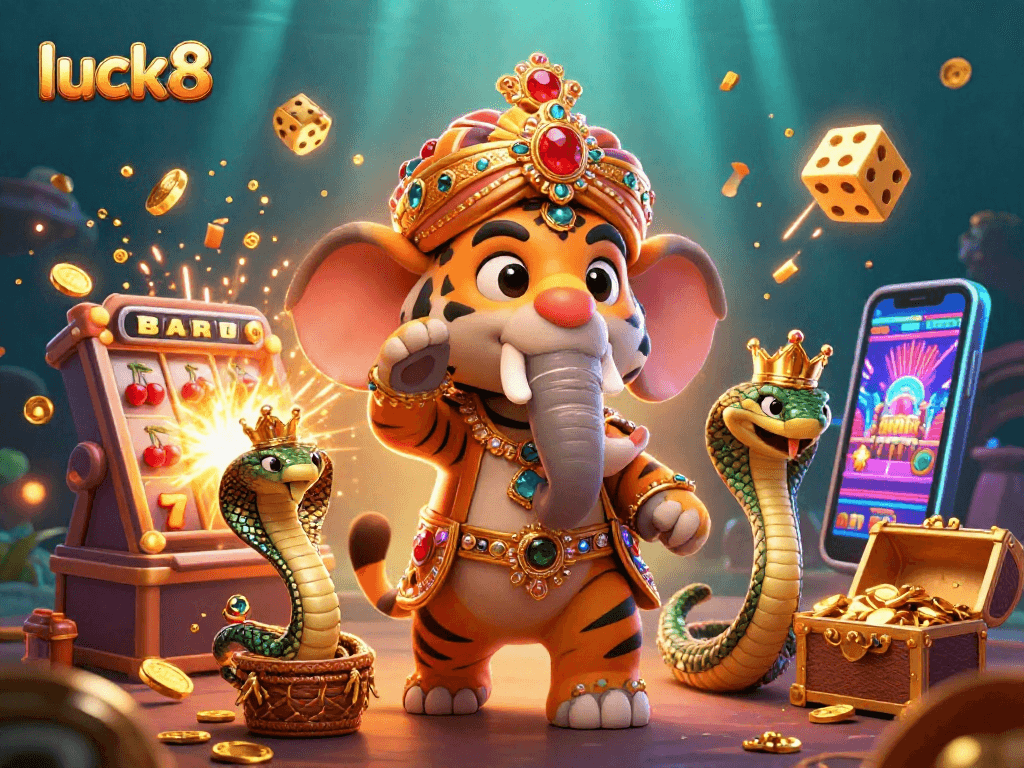 Engage in thrilling action at luck8 with a vibrant 3D casino scene featuring an elephant, tiger, and vibrant slot machine elements.