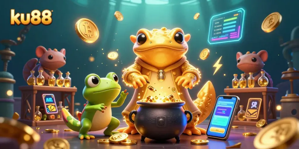 Experience the thrill of ku88 as a golden salamander alchemist transforms metals into rich gold coins in a vibrant casino scene.