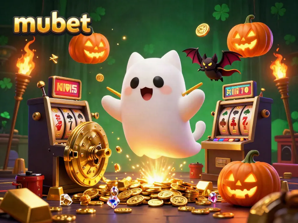 Mubet offers a thrilling casino experience with engaging slot machines and vibrant ghostly characters.