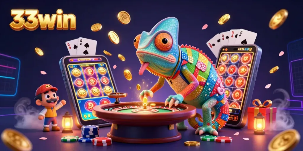 Experience the thrill of 33win casino with vibrant slot games and colorful chameleon icon.