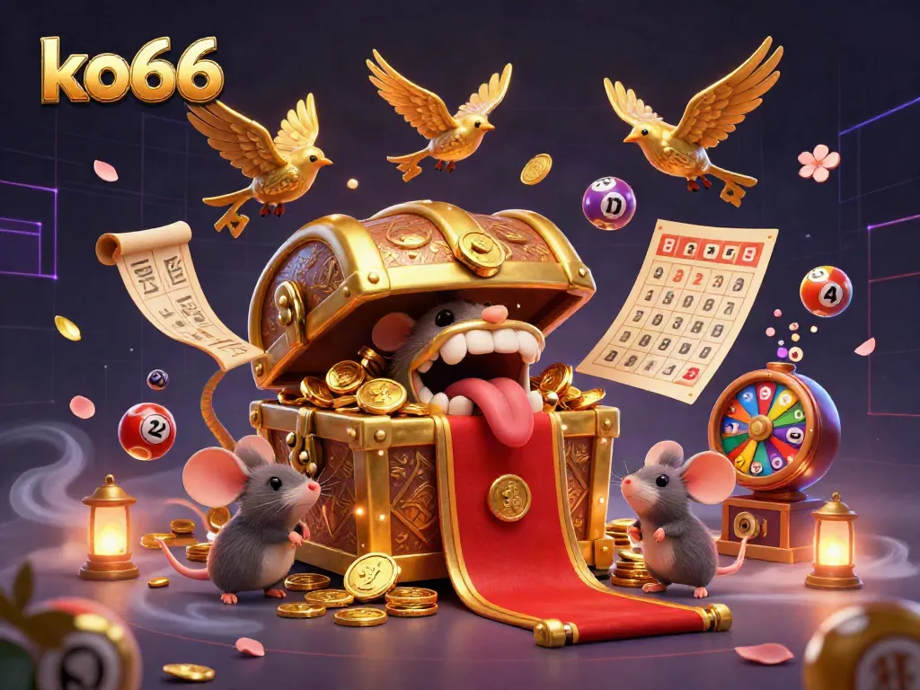 Spin to win with ko66 in a vibrant 3D casino scene filled with golden treasures and lively game elements.