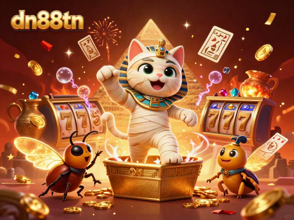 Experience thrilling gameplay with dn88tn's vibrant casino scene featuring a mummy cat and gold coins.