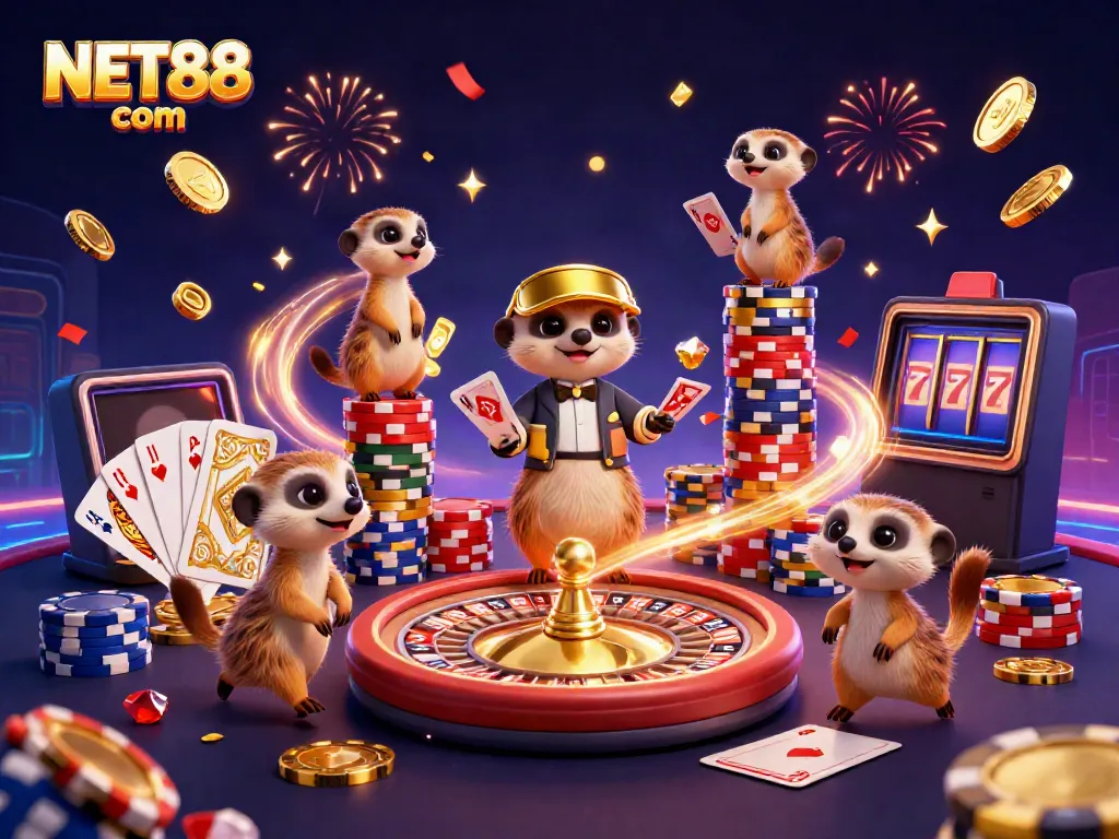 Experience the excitement of NET88 com with a dynamic casino scene featuring animated meerkats and dazzling game elements.
