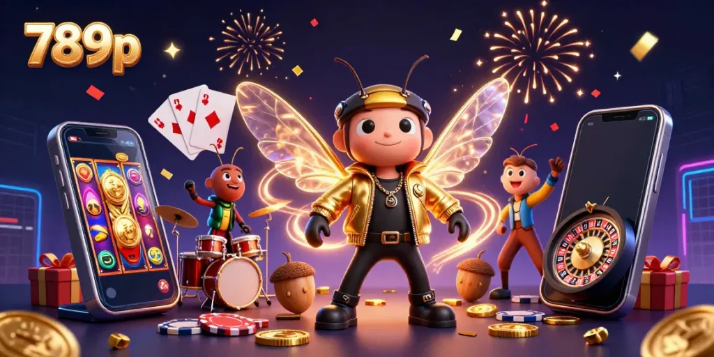 Immerse in 789p's vivid casino scene with characters celebrating amidst jackpot symbols and cheerful gaming elements.