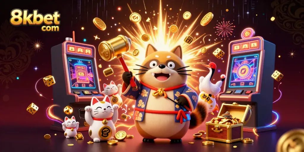 Engage with the vibrant world of 8kbet com, featuring a cheerful tanuki and lucky symbols celebrating a jackpot.