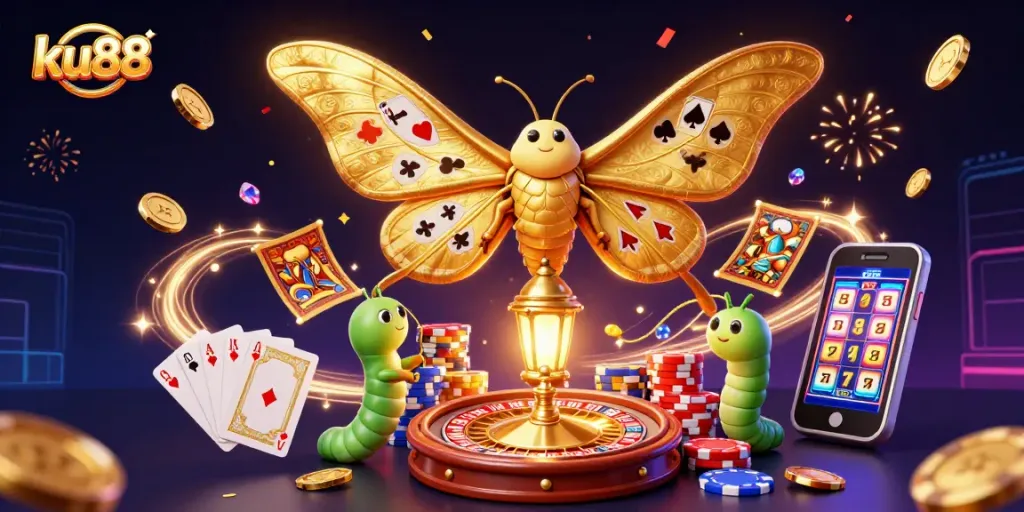 ku88 showcases an enchanting casino scene with a golden moth and rich gaming elements.