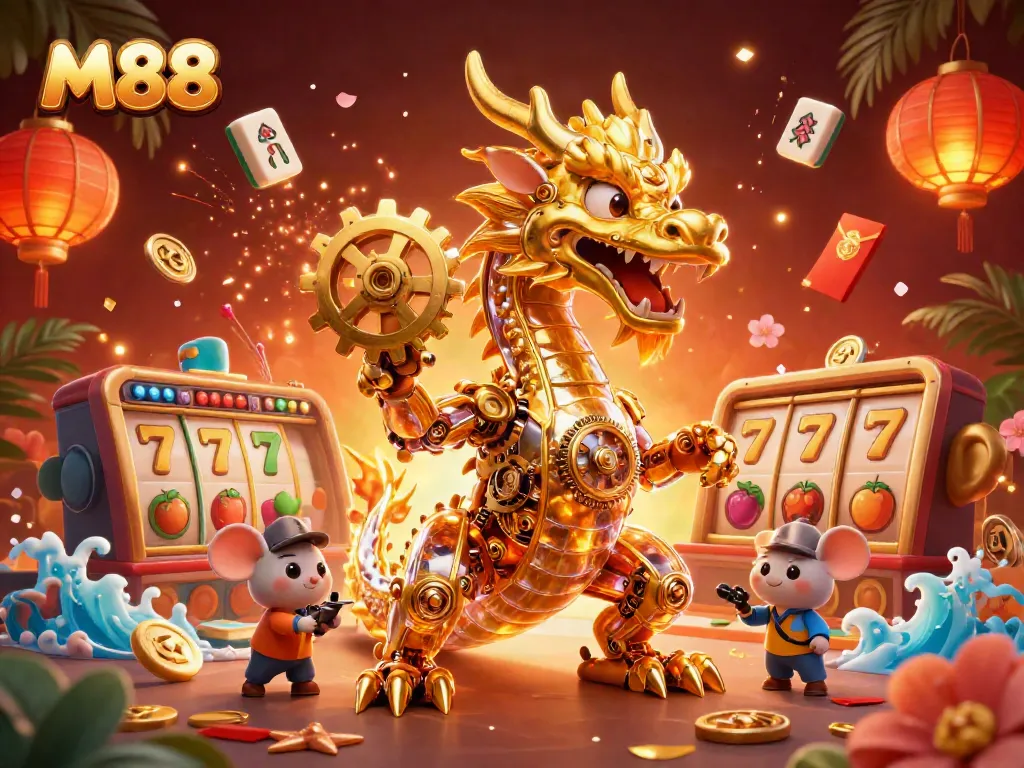 M88's dynamic casino scene illustrates a golden dragon and engineer amidst slot reels and vibrant decorations.