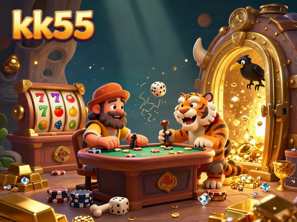 Experience classic slots action at kk55 casino with a lively caveman and sabertooth duo amid gold and gems.