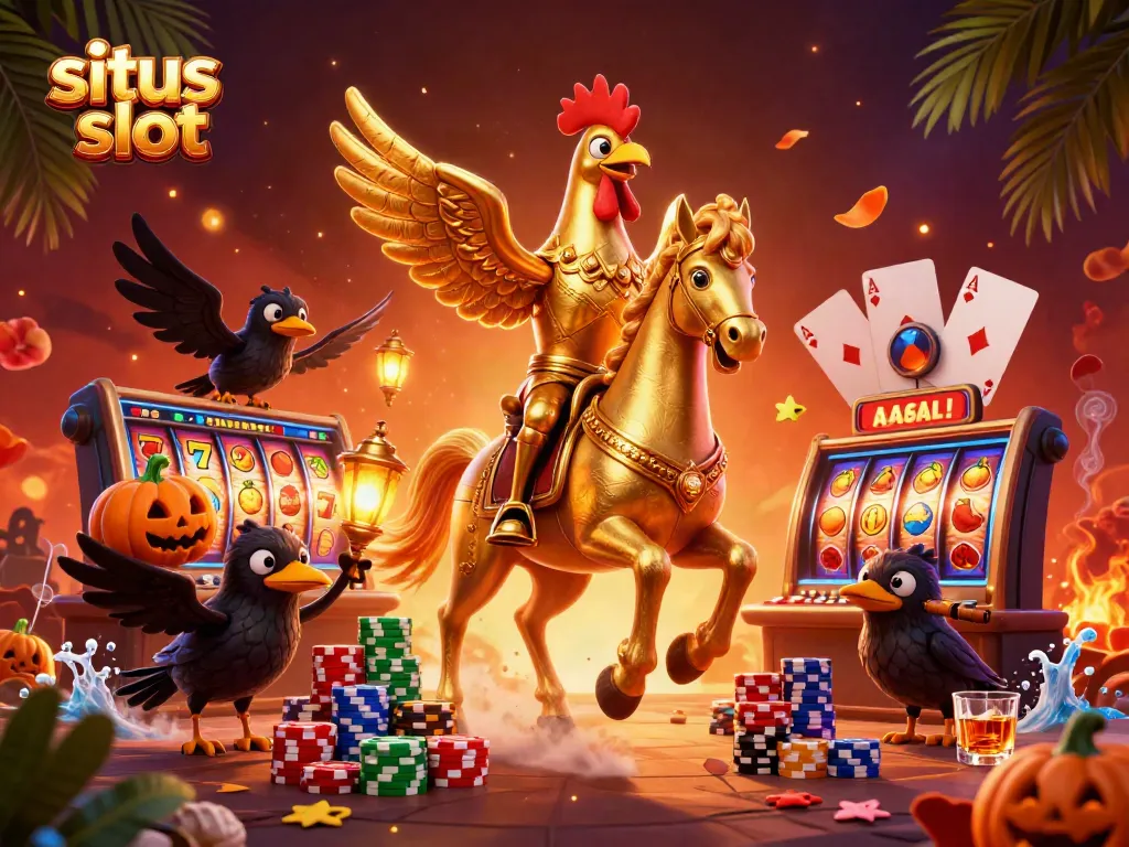 Experience the thrilling excitement of situs slot with golden rooster characters amid spinning slot reels and vibrant casino elements.
