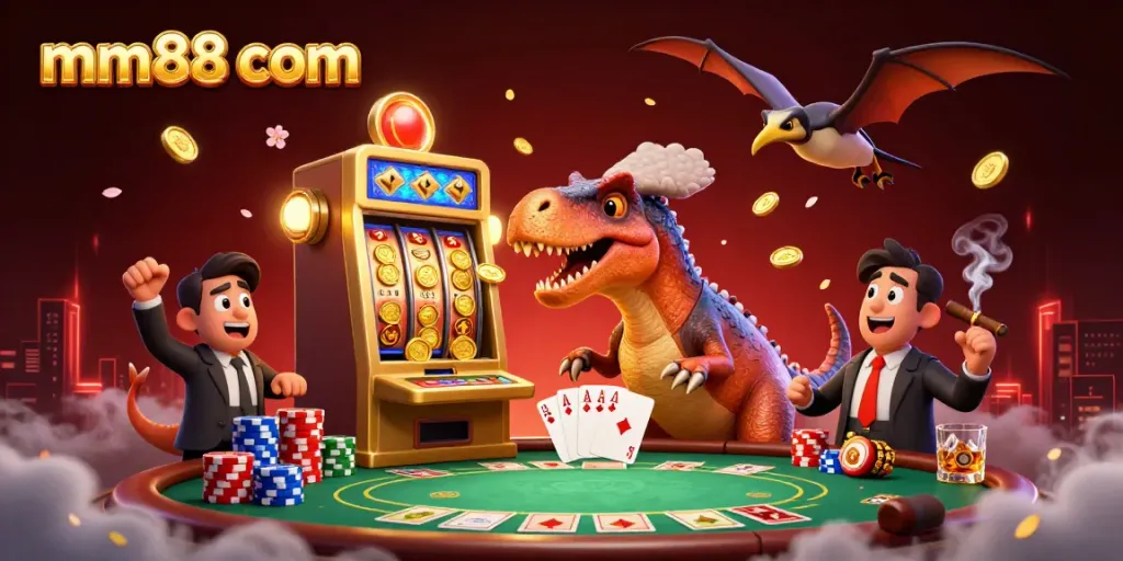 Catching flying coins at mm88 com with a dinosaur jackpots scene, dynamic cartoon characters.