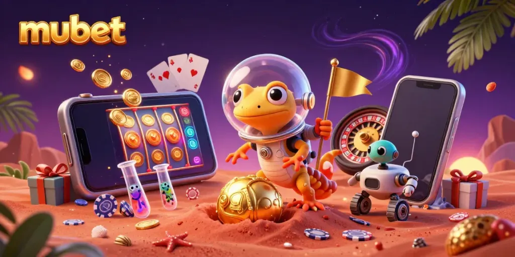 Engaging scene of a Martian gecko exploring a golden casino, showcasing mubet's exciting gambling vibe.