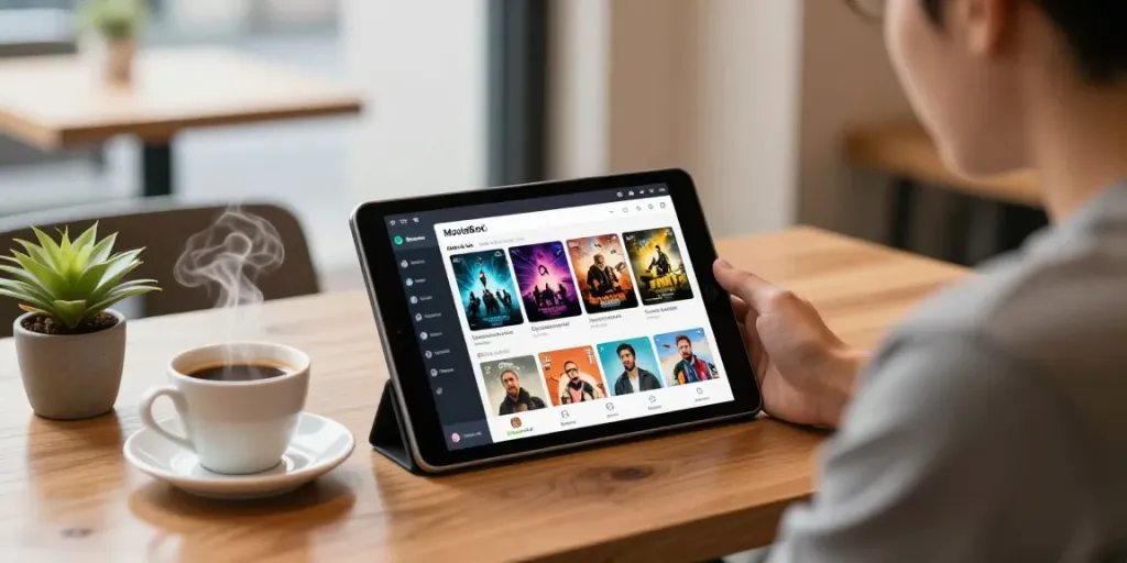 Exploring MovieBox old APK on a tablet in a cozy cafe.