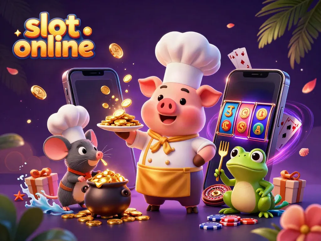 Engaging 3D illustration depicting chefs serving gold coins while showcasing exciting slot online gaming elements.