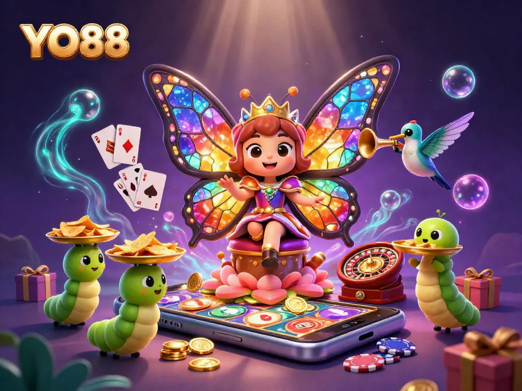 Experience the vibrant world of YO88 with spinning slot reels and a captivating butterfly queen.