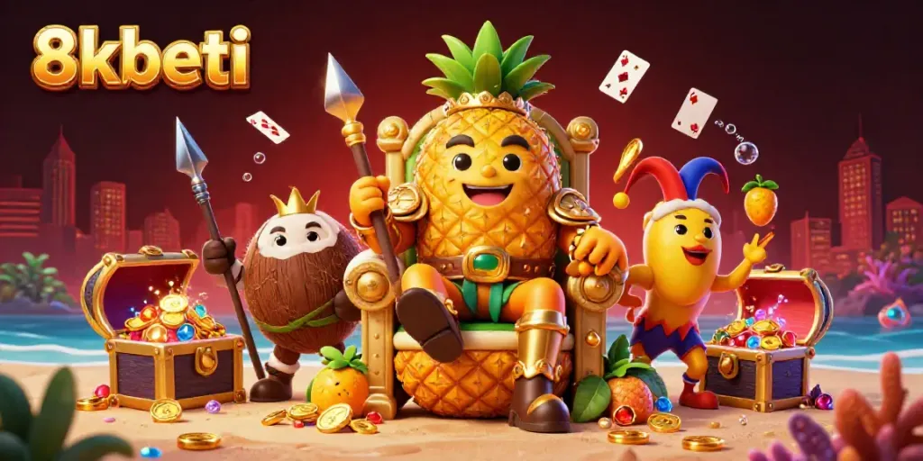 Engage with 8xbeti’s vibrant casino scene featuring a golden pineapple king and immersive gaming elements.