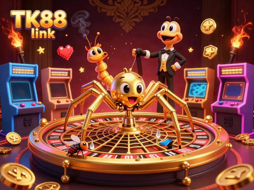 Experience thrilling bets with TK88 link as a golden spider spins a roulette web in a vibrant casino scene.