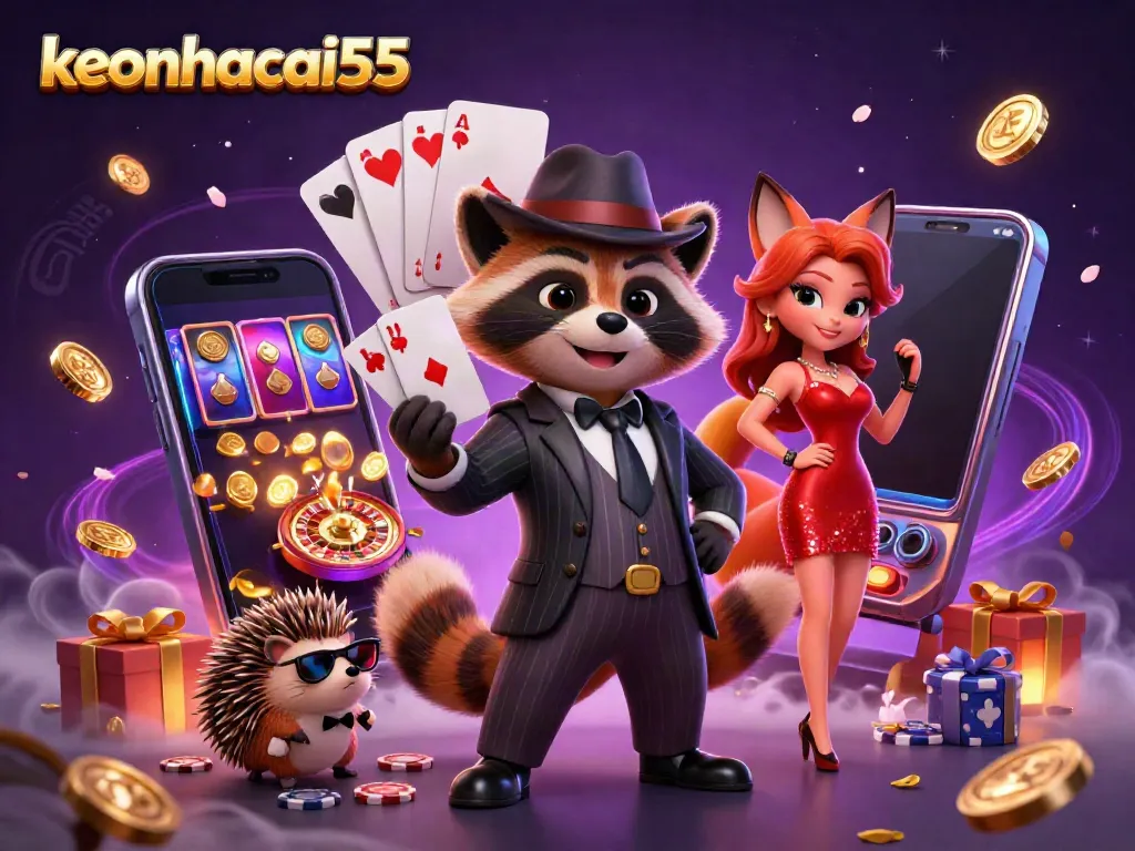 Experience the excitement of keonhacai55 with a suave raccoon, a glamorous fox, and a stylish hedgehog amid vibrant casino elements.