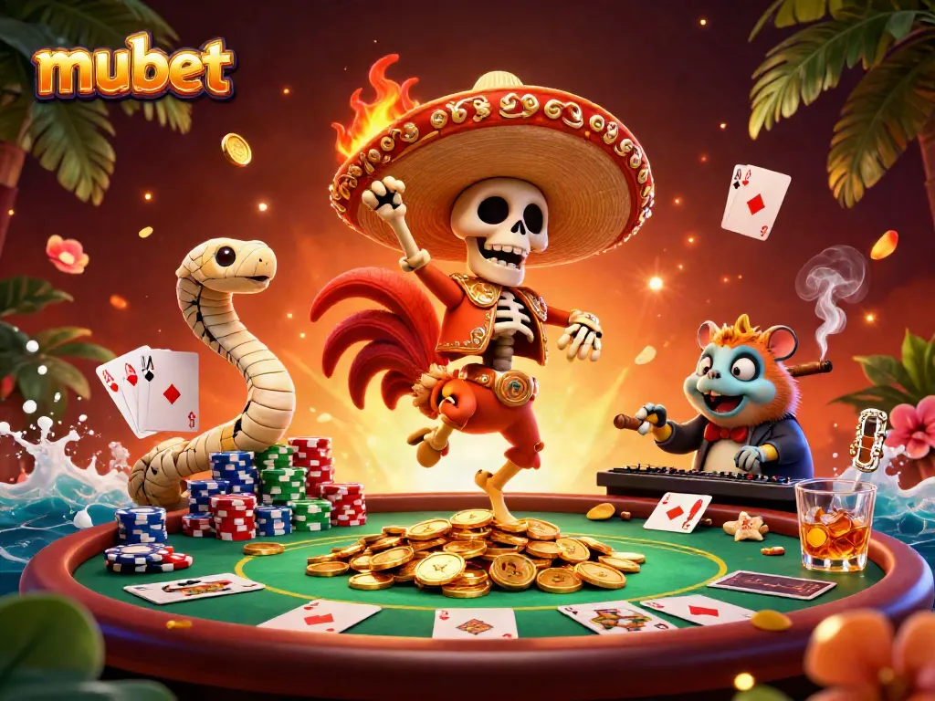 Experience the thrills of mubet with a jovial victory dance of characters amidst a lively casino scene.