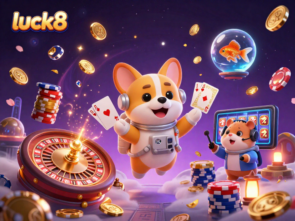 Enjoy a thrilling luck8 casino experience with a floating corgi amidst animation and adventure.