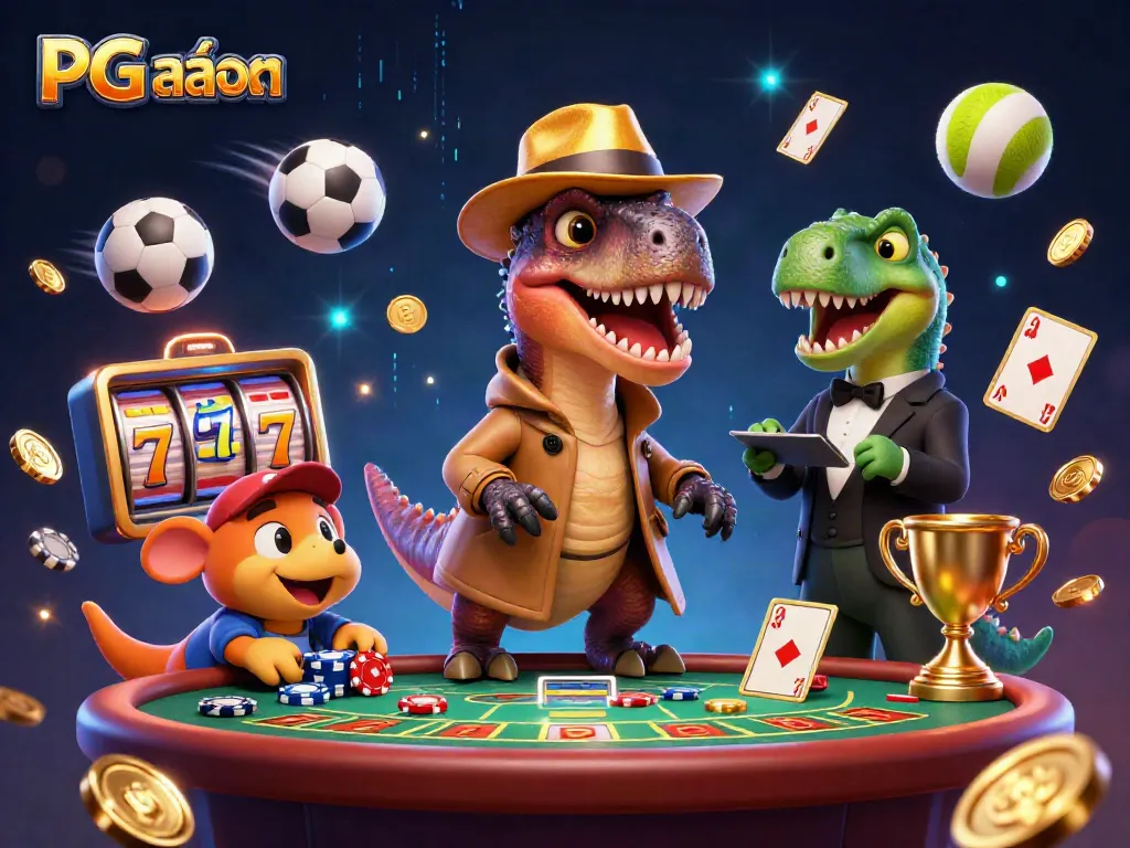 Engage with PG สล็อต at a vibrant blackjack table, featuring playful dinosaur characters in a casino atmosphere.