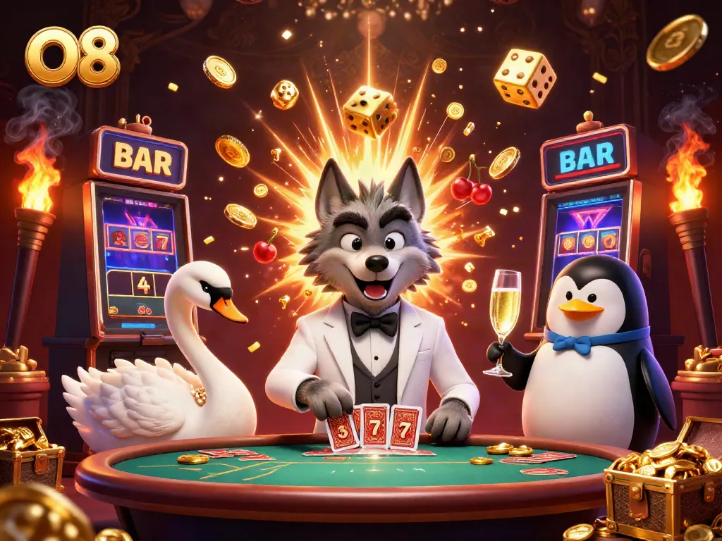 Experience thrilling action at O8 casino with cartoon characters enjoying baccarat and a slot machine jackpot.