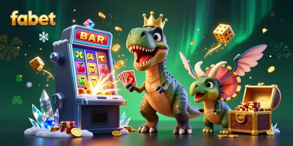 Engage in epic gameplay at fabet with a T-Rex shuffling cards amidst a vibrant casino scene.