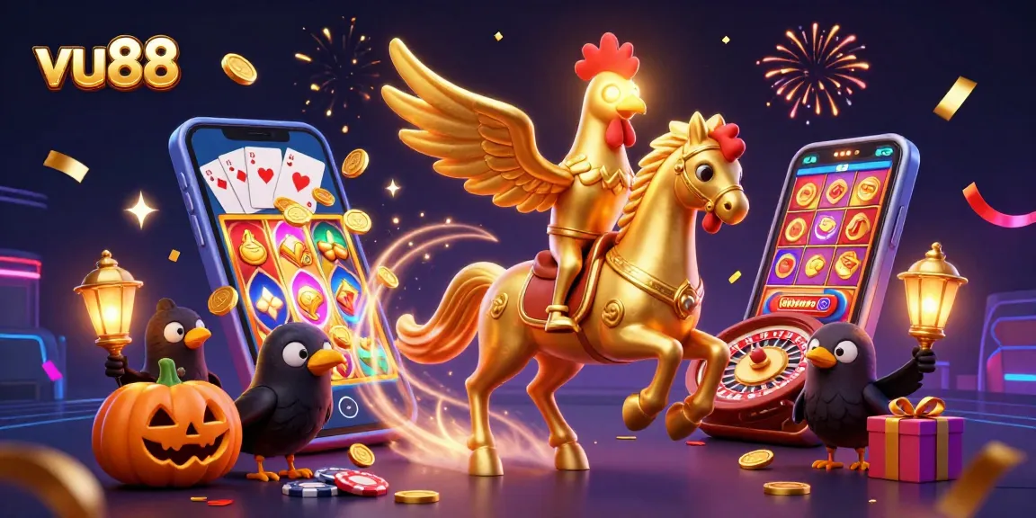 Engage in exciting adventures at vu88 with a golden rooster and friends in a vibrant casino setting.