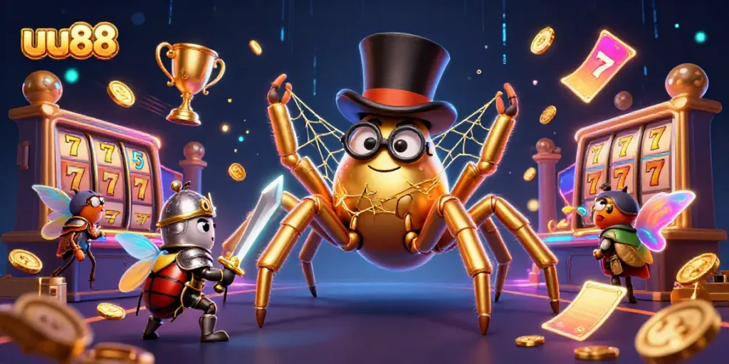 uu88 showcases thrilling slot gaming with a vivid 3D scene, featuring a golden tarantula and a beetle knight