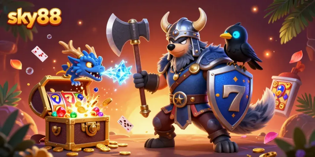 Experience thrilling gameplay at sky88 with a Viking warrior and mythical creatures in a vibrant casino setting.