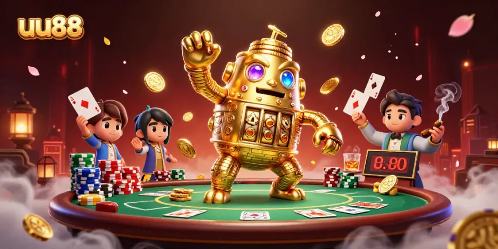 Play exciting games at uu88 with a dynamic illustration of a golden golem in a vibrant casino scene.