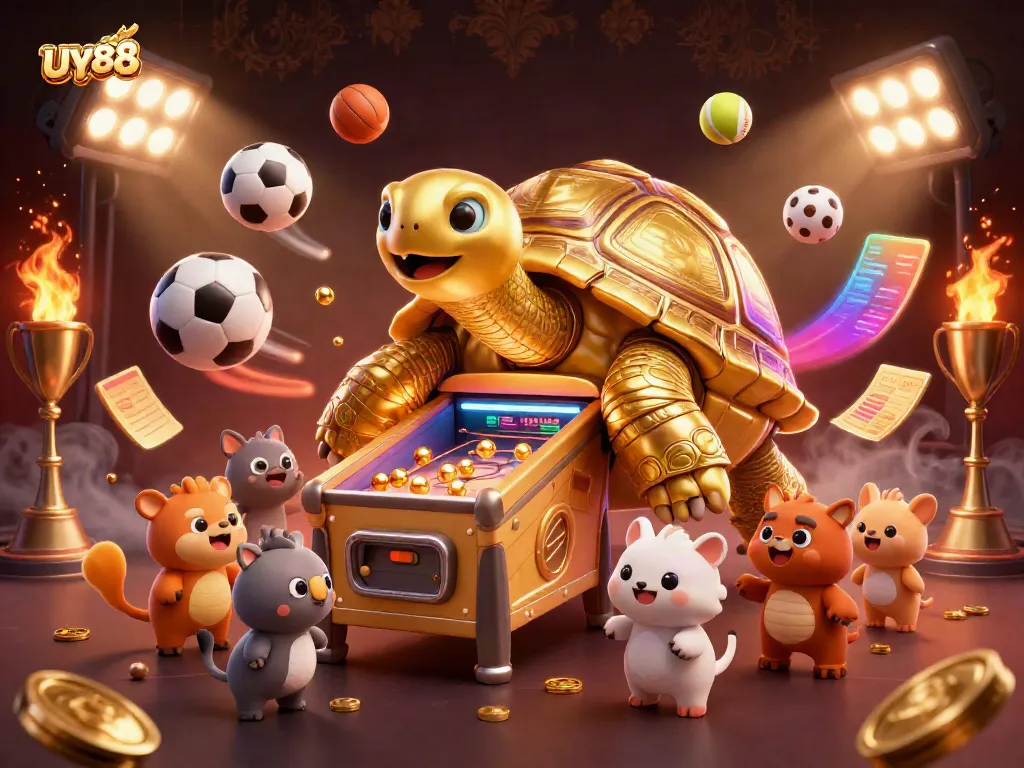 Betting exciting games at UY88, featuring a vibrant illustration of a golden tortoise pinball machine.