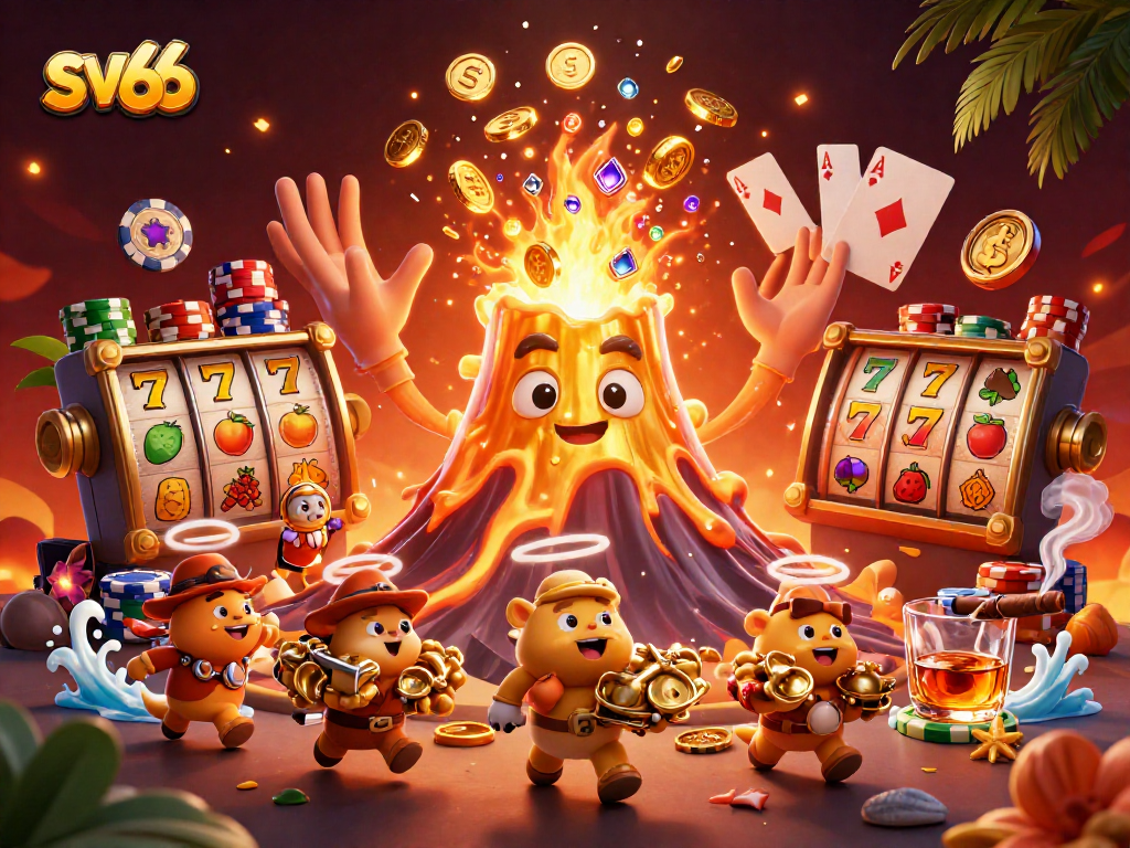 Experience the thrill of sv66 with a golden volcano erupting treasures, poker chips, and exciting casino games.