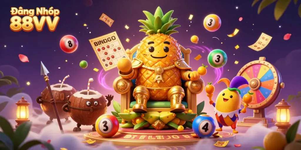 Experience the thrill of Đăng Nhập 88VV with a vibrant casino scene featuring colorful lottery elements and dynamic characters.