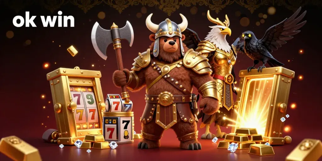 Bet big and win with ok win at this vibrant 3D casino scene featuring Viking characters and jackpot excitement.