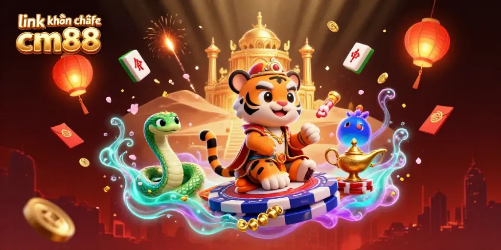 Experience the vibrant gaming world with link không chặn cm88 in a colorful and energetic casino-themed illustration.