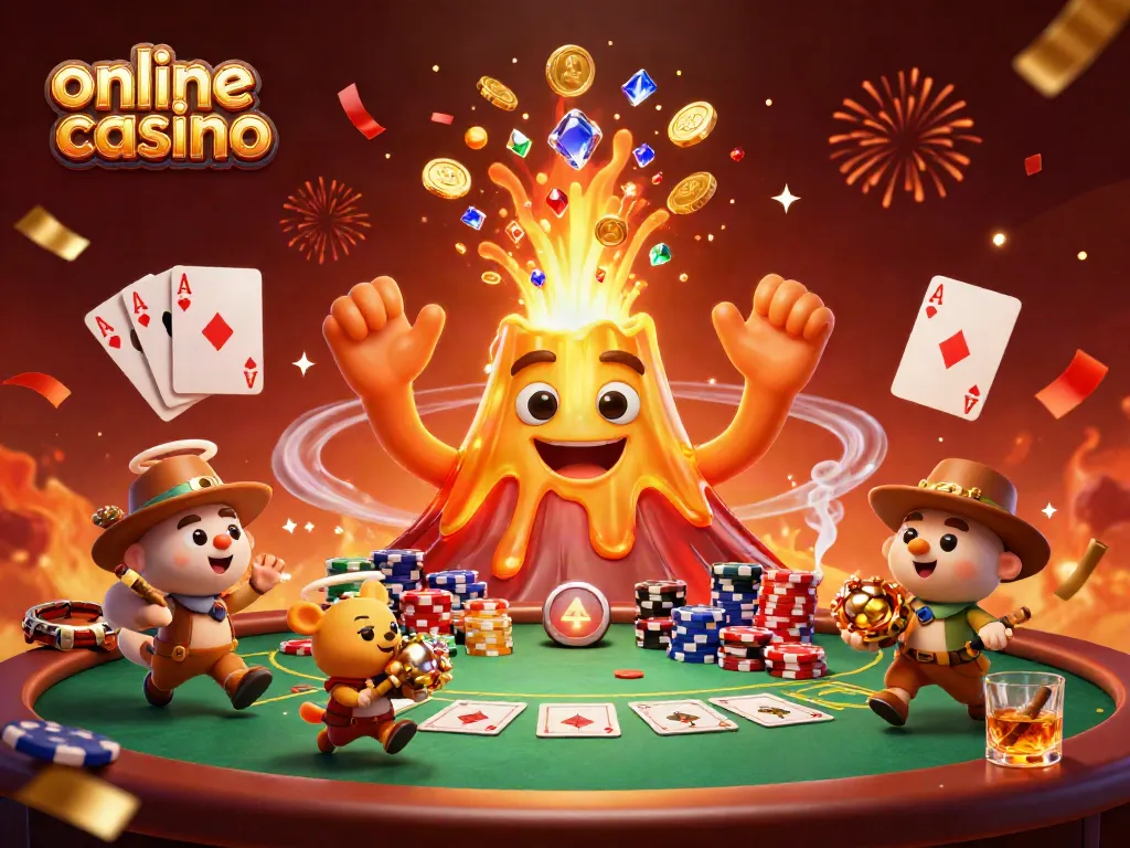 Experience lively gameplay at an online casino with animated elements like a volcano and treasure-hunting animals.