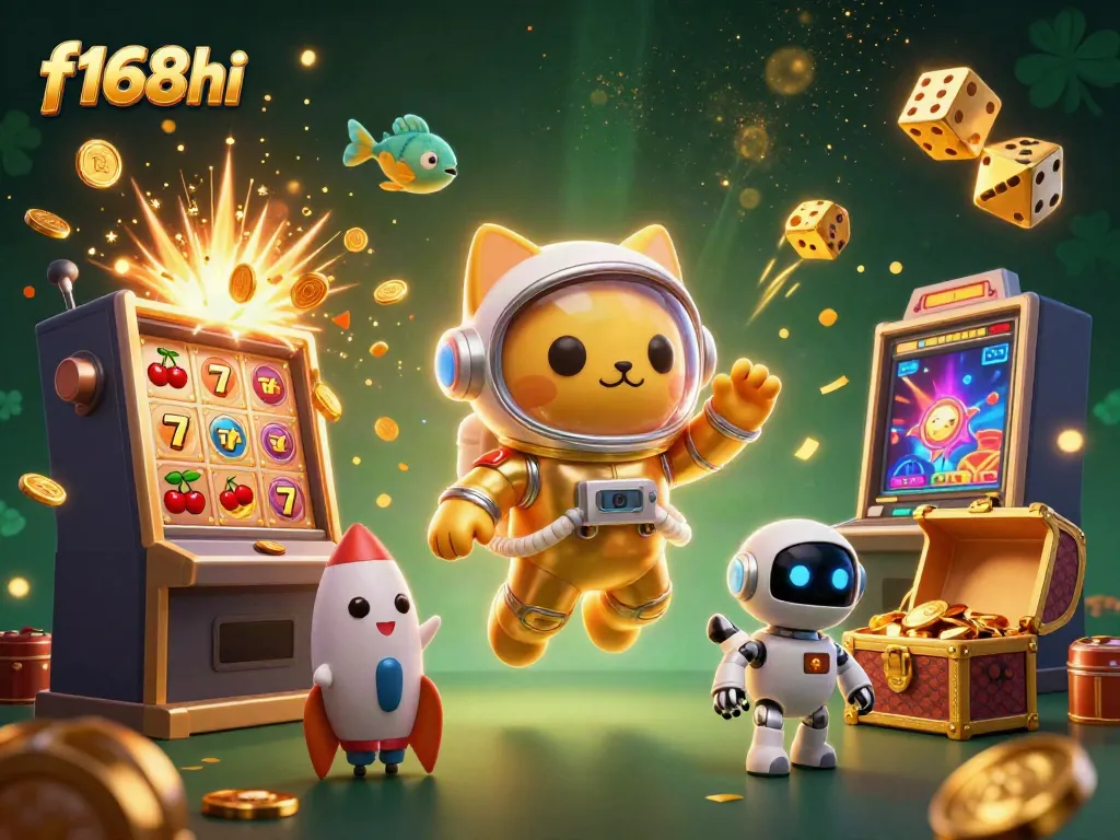 Spin the jackpot at f168hi with a whimsical 3D casino scene featuring dynamic characters and brilliant slots.