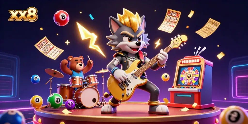 Engage with the dynamic scene of the xx8 casino, featuring a rock star wolf and drummer bear amidst casino game elements.