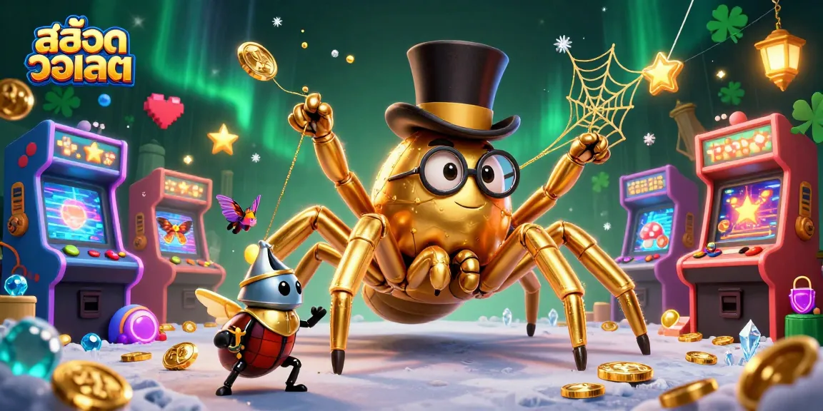 Play exciting สล็อตวอเลท games with a detailed 3D scene featuring a golden tarantula and arcade elements.