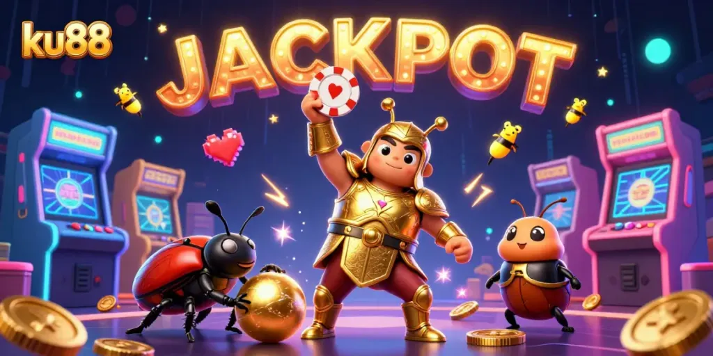 Experience the excitement of ku88 with a victory scene featuring a beetle hero lifting a poker chip, immersive casino elements, and enchanting fireflies.
