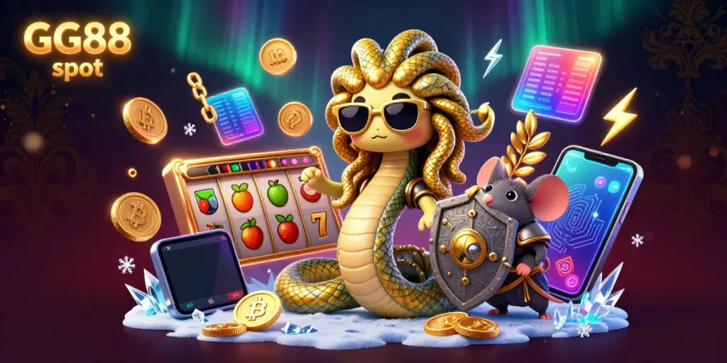 Experience the excitement of GG88 slot through a vibrant 3D illustration featuring Medusa and a warrior mouse illuminated by digital gaming elements.