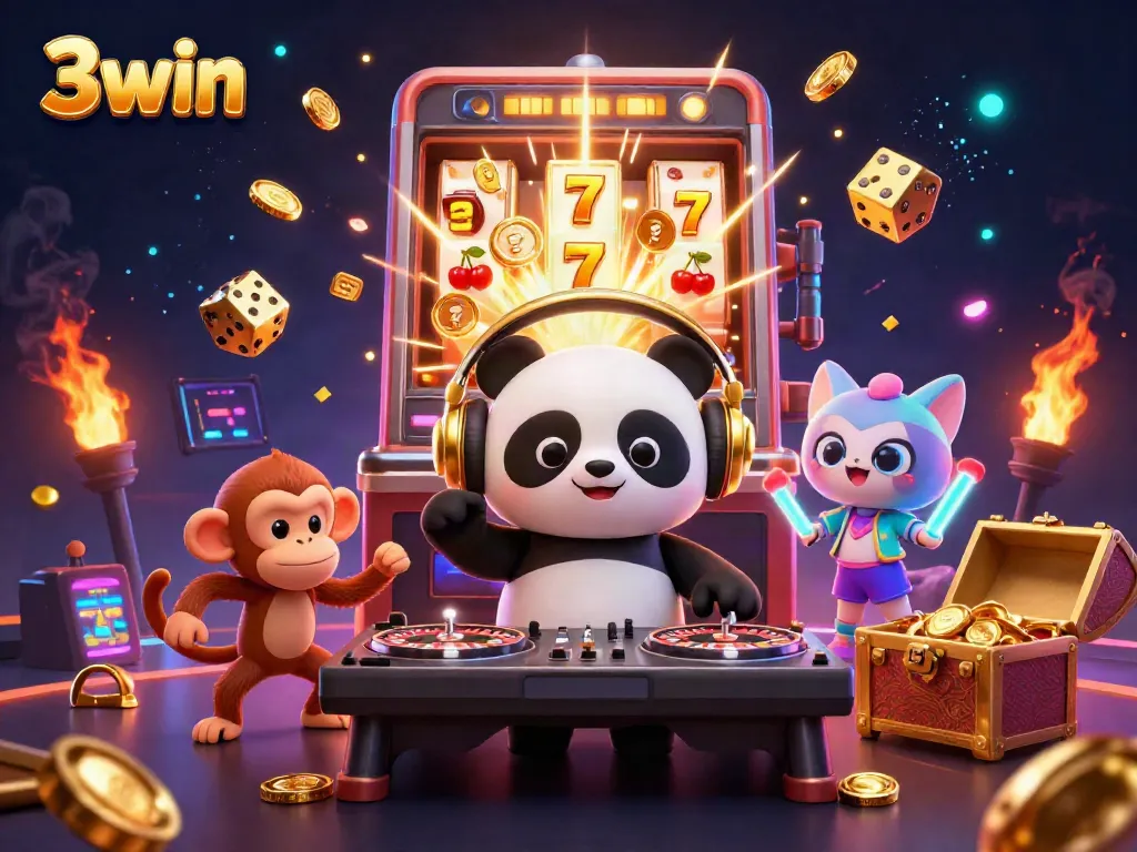 Engage with 3win's vibrant casino experience featuring a DJ panda, dancing monkey, and rave kitten amidst a jackpot.