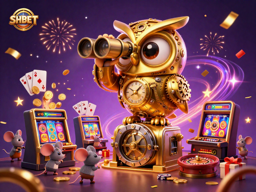 SHBET offers a rich casino experience with an engaging owl mascot and vibrant slot games.